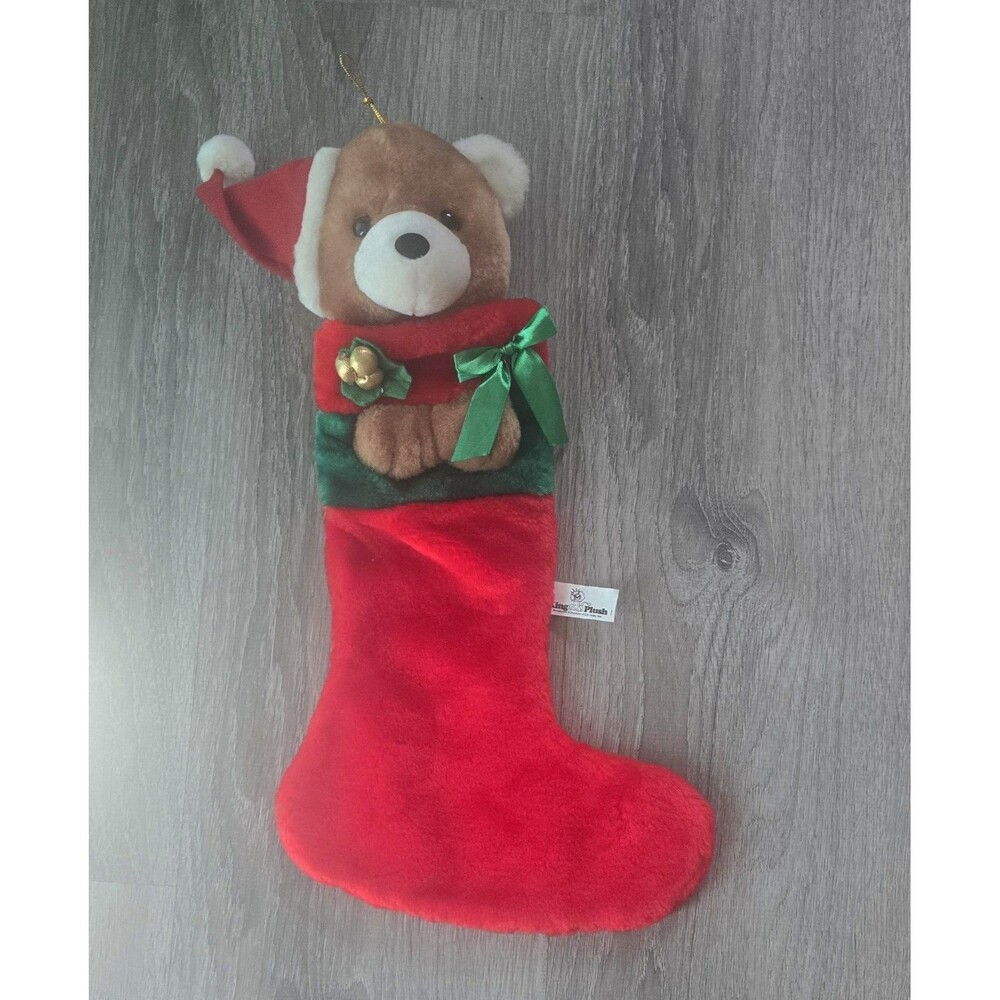 Vintage Brown Bear Santa Hat Plush 3D Christmas Stocking - King Plush